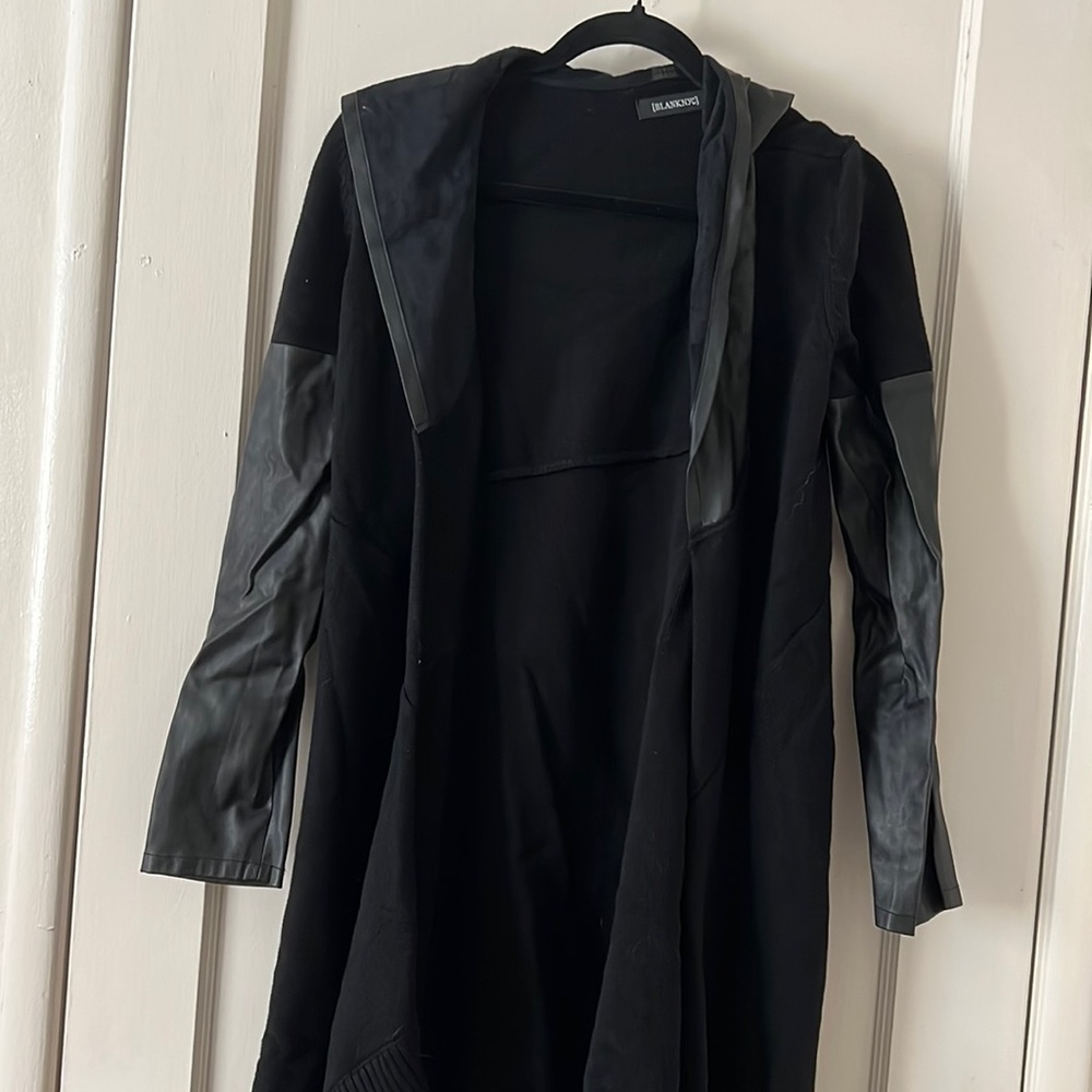 Blank NYC Black Faux Leather Long Hooded Cardigan